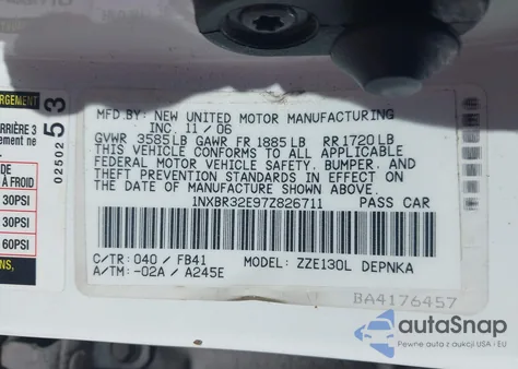 2007 Toyota Corolla Le z USA, uszkodzony, nr VIN 1NXBR32E97Z826711